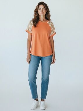 Umgee Orange Short Sleeve Shirt with Plaid Eyelet Sleeves